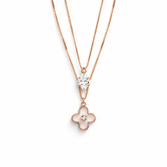 925 Sterling Silver Rose Gold Layered Clover Pendant Necklace with Crystal Stone