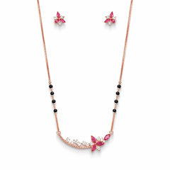 925 Sterling Silver Rose Gold Floral Mangalsutra Necklace Set with Black Beads & Earrings