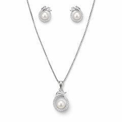 925 Sterling Silver Pearl Pendant Necklace Set with CZ Stones & Stud Earrings