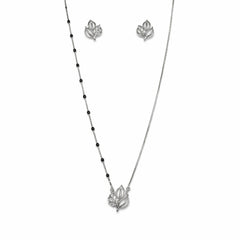 925 Sterling Silver Leaf Design Mangalsutra Necklace Set with Black Beads & Earrings