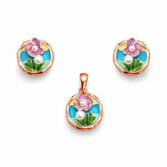 Rose Gold Enamel Floral Pearl Pendant Set