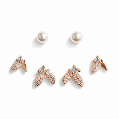 925 Sterling Silver Pearl & CZ Bee Earrings Set | 3 Pair Rose Gold Stud Earrings