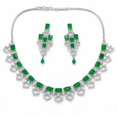 Green Stone Necklace Set with Earrings for Women | American Diamond Artificial Jewellery Party Wear