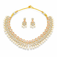 Peach Stone & Pearl Necklace Set with Earrings for Women | American Diamond Artificial Jewellery Party Wear