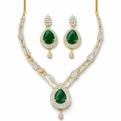 Green Drop Necklace Set with Earrings for Women | American Diamond Artificial Jewellery Party Wear