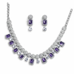 Elegant Purple Crystal & Diamond Necklace Set with Drop Earrings | Luxury Bridal Jewellery