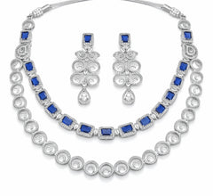 Blue Stone Necklace Set with Earrings for Women | American Diamond Artificial Jewellery Party Wear