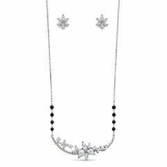 925 Sterling Silver Mangalsutra Necklace Set with Black Beads & CZ Floral Design