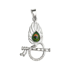 925 Sterling Silver Krishna Mor Pankh & Flute Pendant with Multicolor Peacock Stone