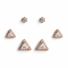 925 Sterling Silver Rose Gold Triangle Earrings Set | 3 Pair CZ Stud Earrings