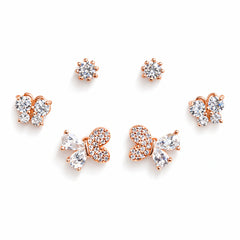 925 Sterling Silver Rose Gold Butterfly Earrings Set | CZ Floral Stud Combo