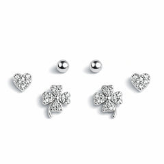 925 Sterling Silver 3 Pair Stud Earrings Set | Heart, Clover & Ball Studs