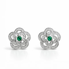 925 Sterling Silver Floral Stud Earrings with Green Stone | CZ Flower Design Jewelry for Women