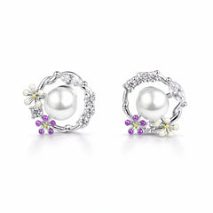 925 Sterling Silver Pearl Floral Stud Earrings | CZ Wreath Design with Multicolor Flower Accents