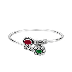 925 Sterling Silver Oxidized Kada with Red & Green Stones