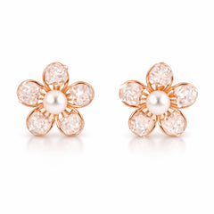 925 Sterling Silver Rose Gold Flower Stud Earrings with Pearl | Crystal Floral Jewelry for Women