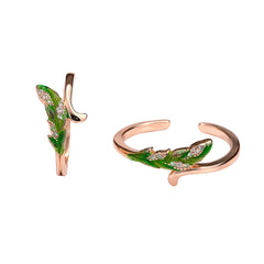 925 Sterling Silver Rose Gold Toe Ring | Green Leaf Enamel Adjustable Open Band