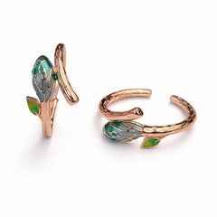 925 Sterling Silver Rose Gold Toe Ring | Green Enamel Leaf Branch Adjustable Ring