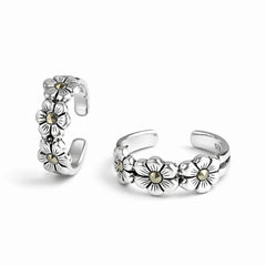 925 Sterling Silver Toe Ring | Triple Flower Marcasite Adjustable Band