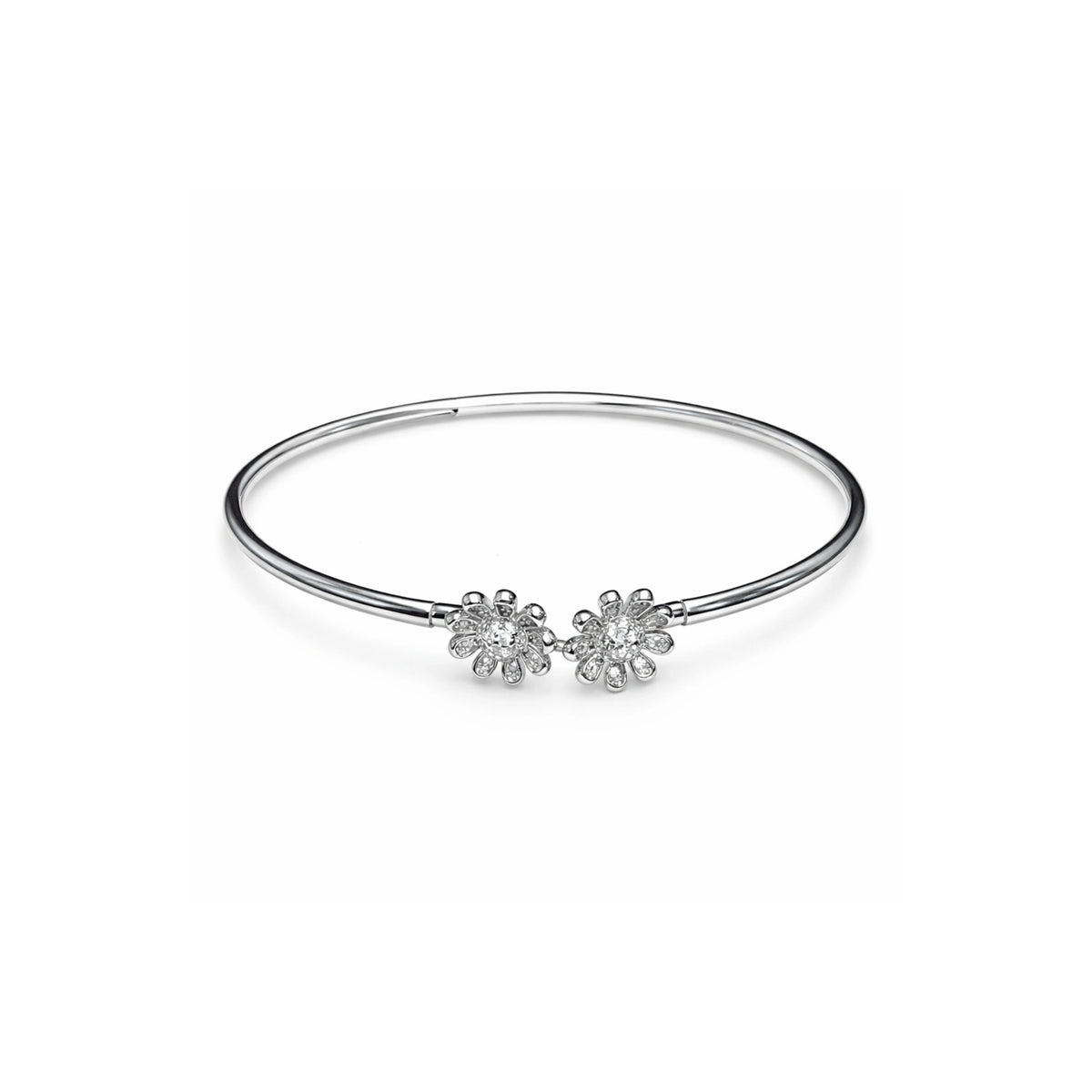 925 Sterling Silver Floral Open Bangle Bracelet with CZ Flower Design for Women