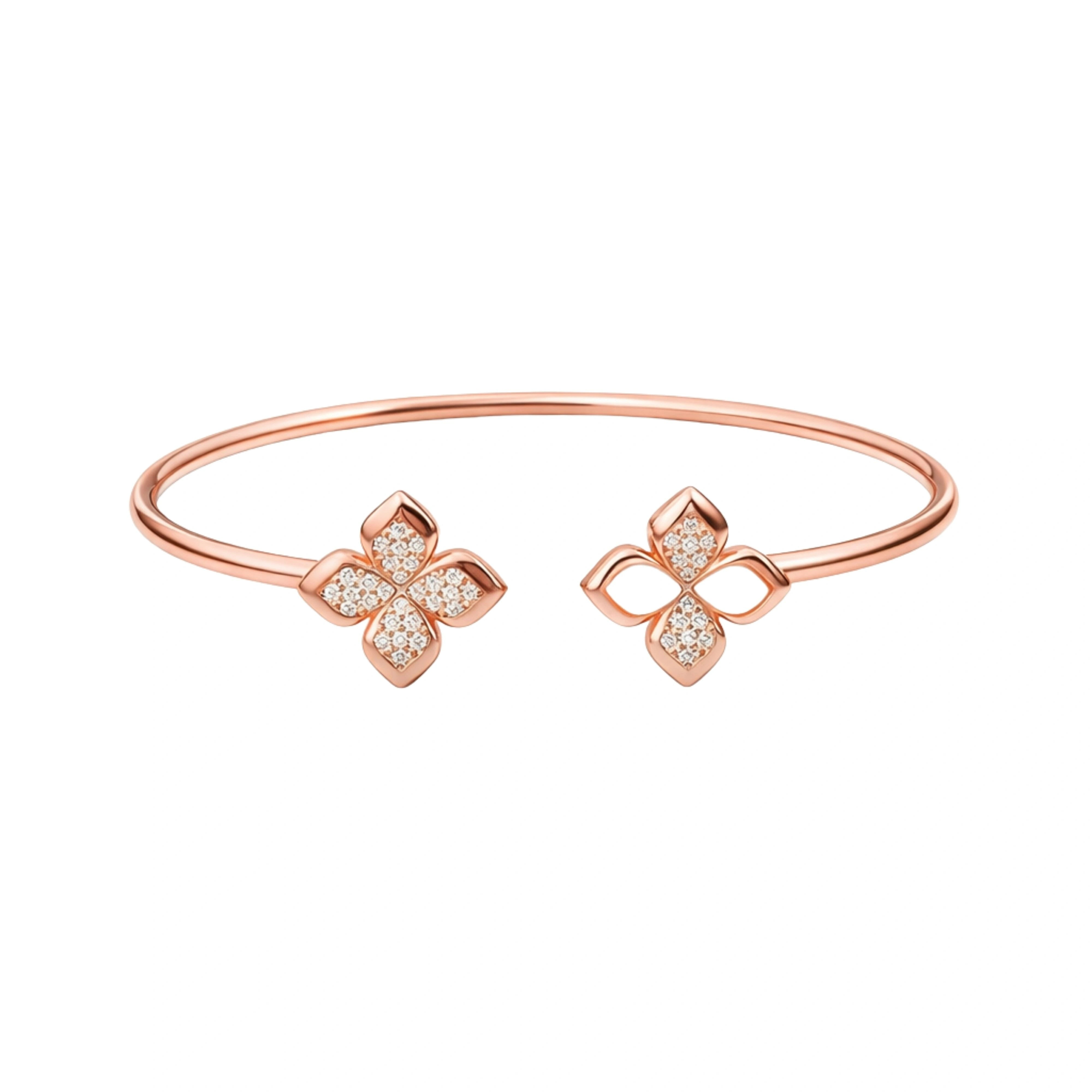 925 Sterling Silver Rose Gold Clover Flower Open Kada for Women