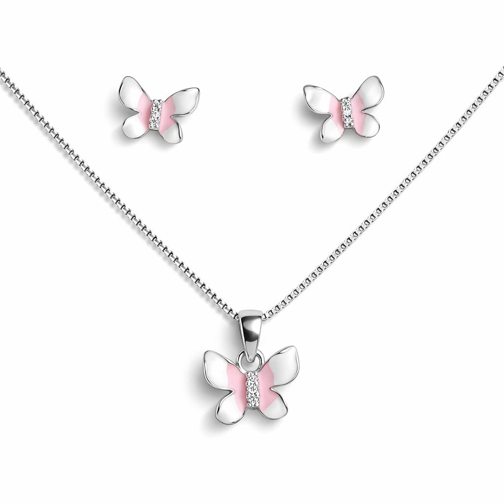 925 Sterling Silver Butterfly Pendant and Stud Earrings Set with Pink Enamel