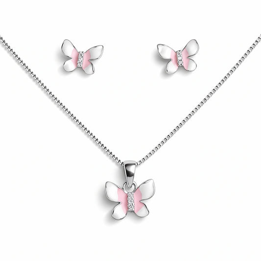 925 Sterling Silver Butterfly Pendant and Stud Earrings Set with Pink Enamel