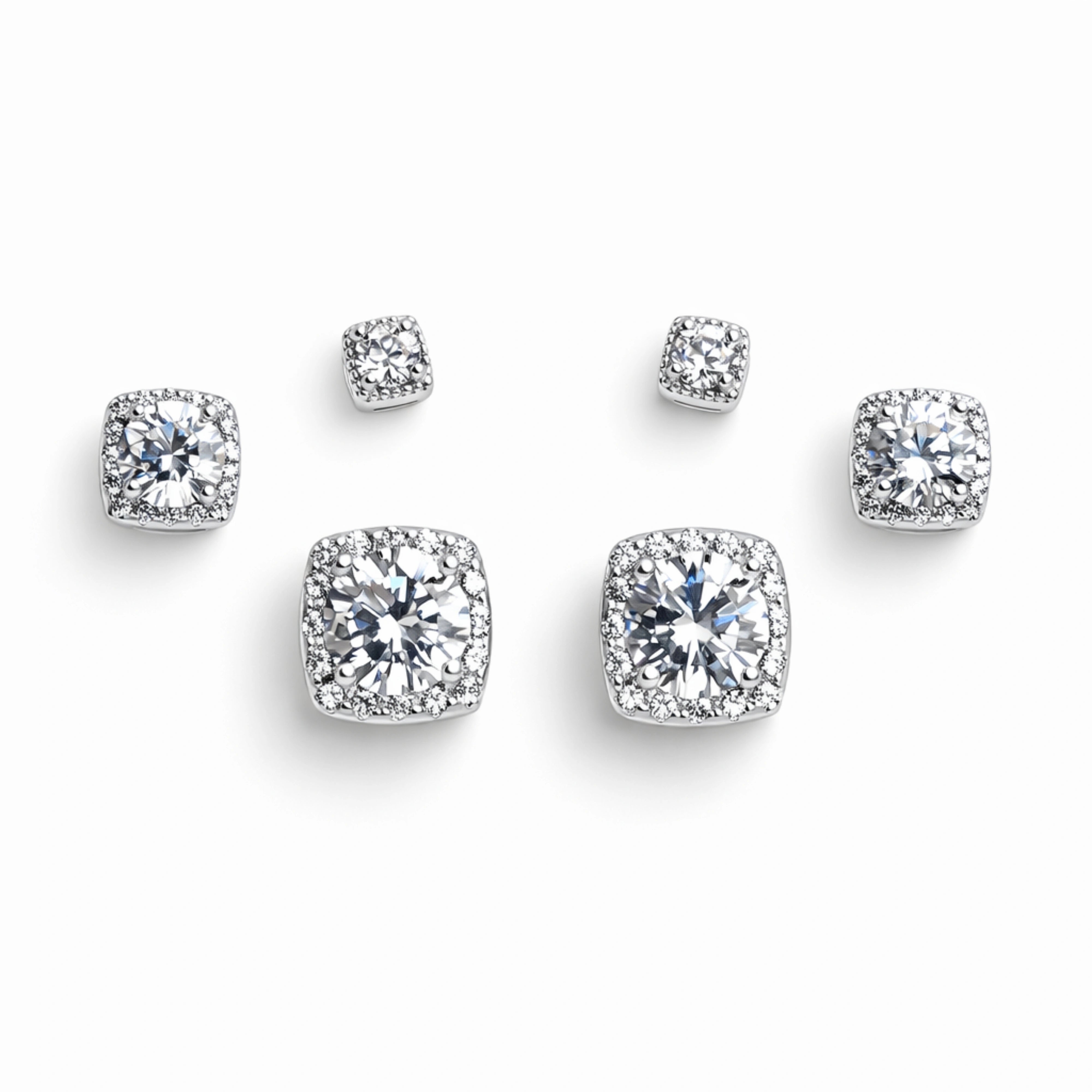 925 Sterling Silver Square CZ Stud Earrings Set | 3 Pair Cushion Cut Halo Studs