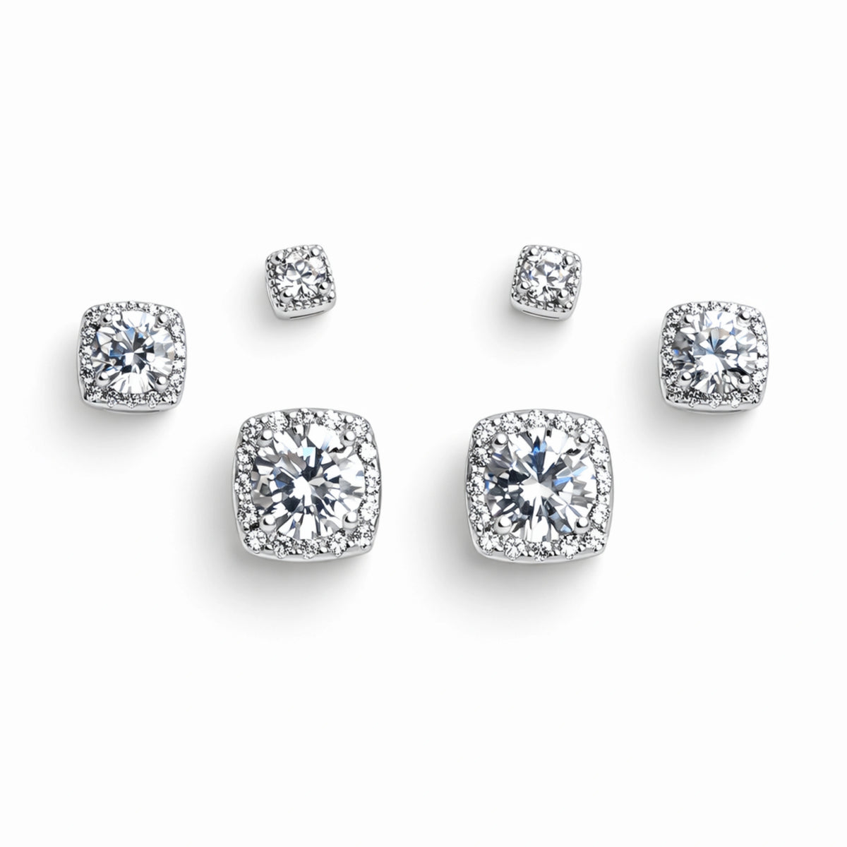 925 Sterling Silver Square CZ Stud Earrings Set | 3 Pair Cushion Cut Halo Studs