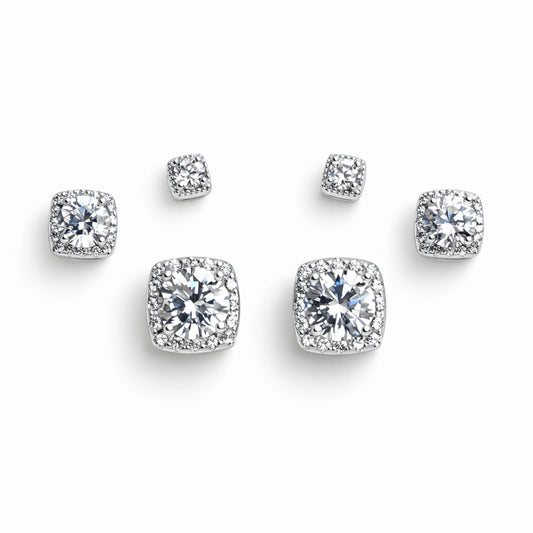 925 Sterling Silver Square CZ Stud Earrings Set | 3 Pair Cushion Cut Halo Studs