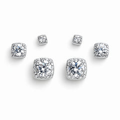 925 Sterling Silver Square CZ Stud Earrings Set | 3 Pair Cushion Cut Halo Studs