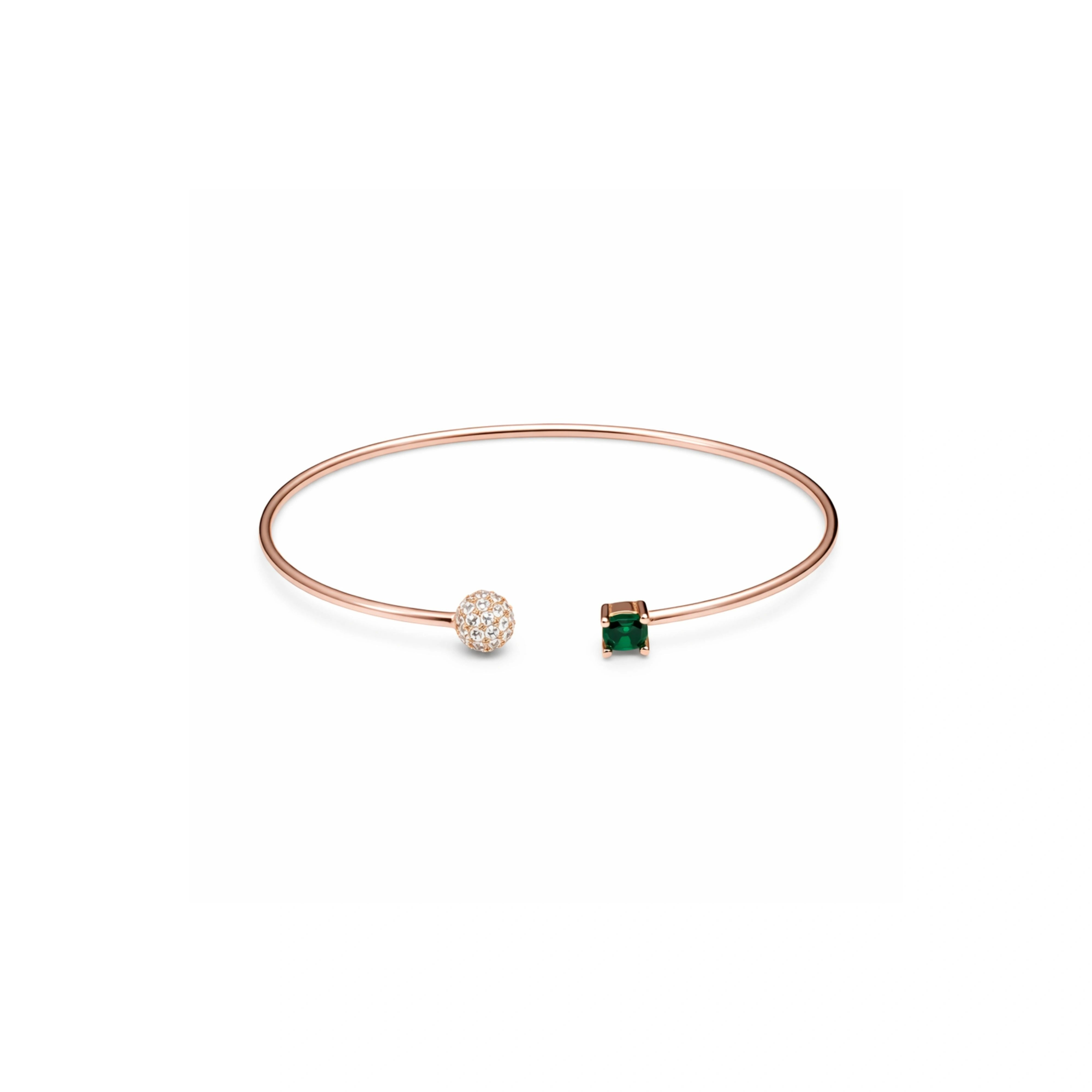 925 Silver Rose Gold Plated Open Cuff Bracelet with Green Stone & Crystal Ball
