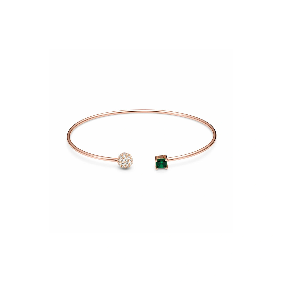 925 Silver Rose Gold Plated Open Cuff Bracelet with Green Stone & Crystal Ball