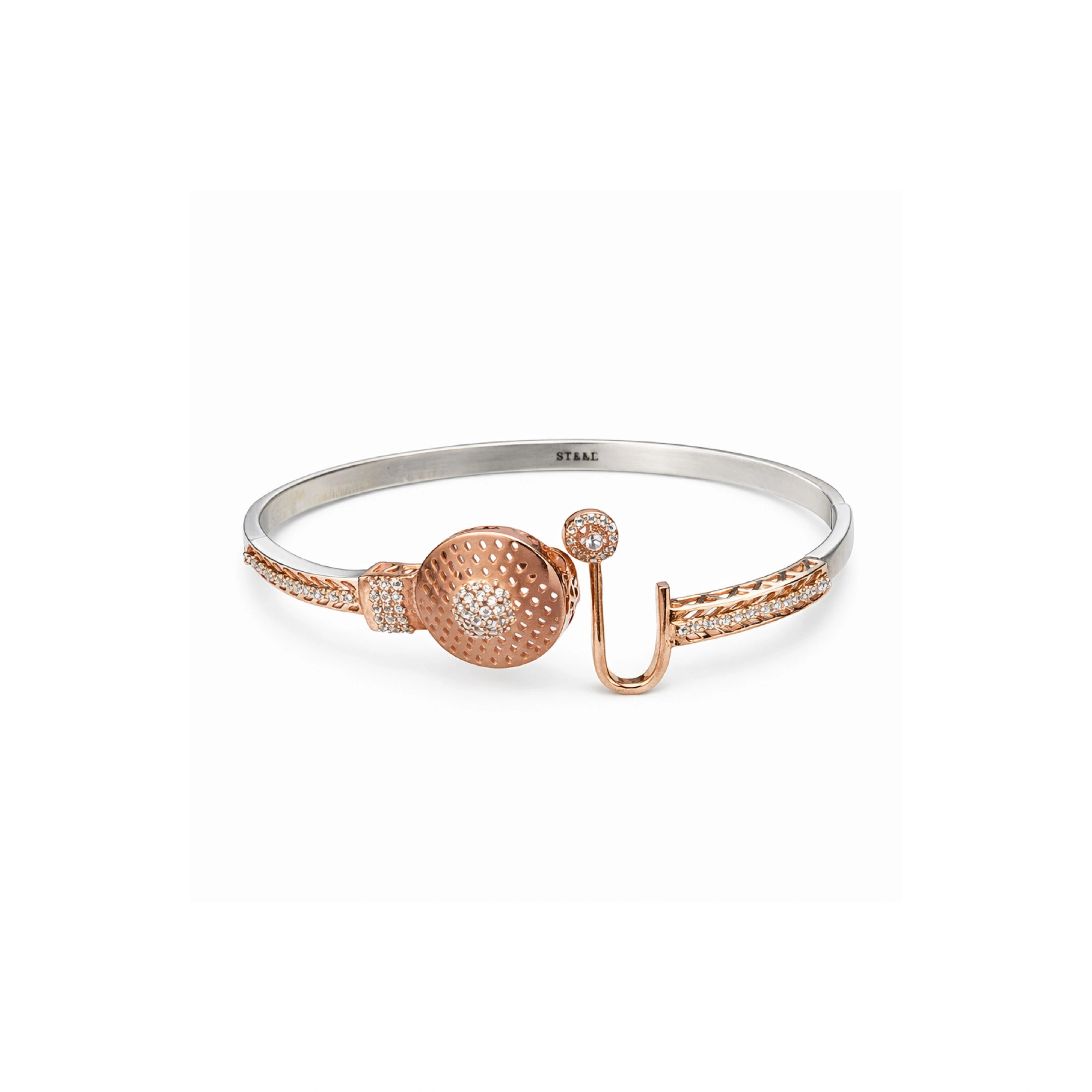925 Silver Rose Gold & Silver Dual Tone Designer Cuff Bracelet with Crystal Studded Charm