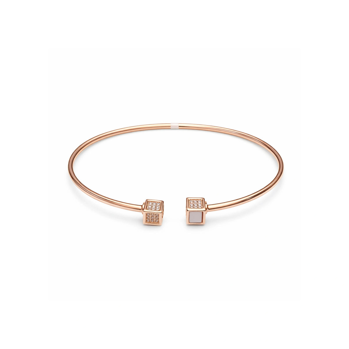 925 Silver Rose Gold Plated Open Cuff Bracelet for Women with Crystal Cube Ends