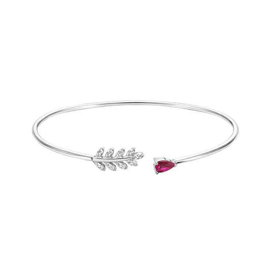 925 Sterling Silver Leaf Design Open Kada with Red Stone