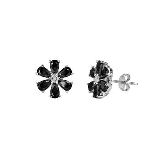 925 Sterling Silver Black Floral Stud Earrings