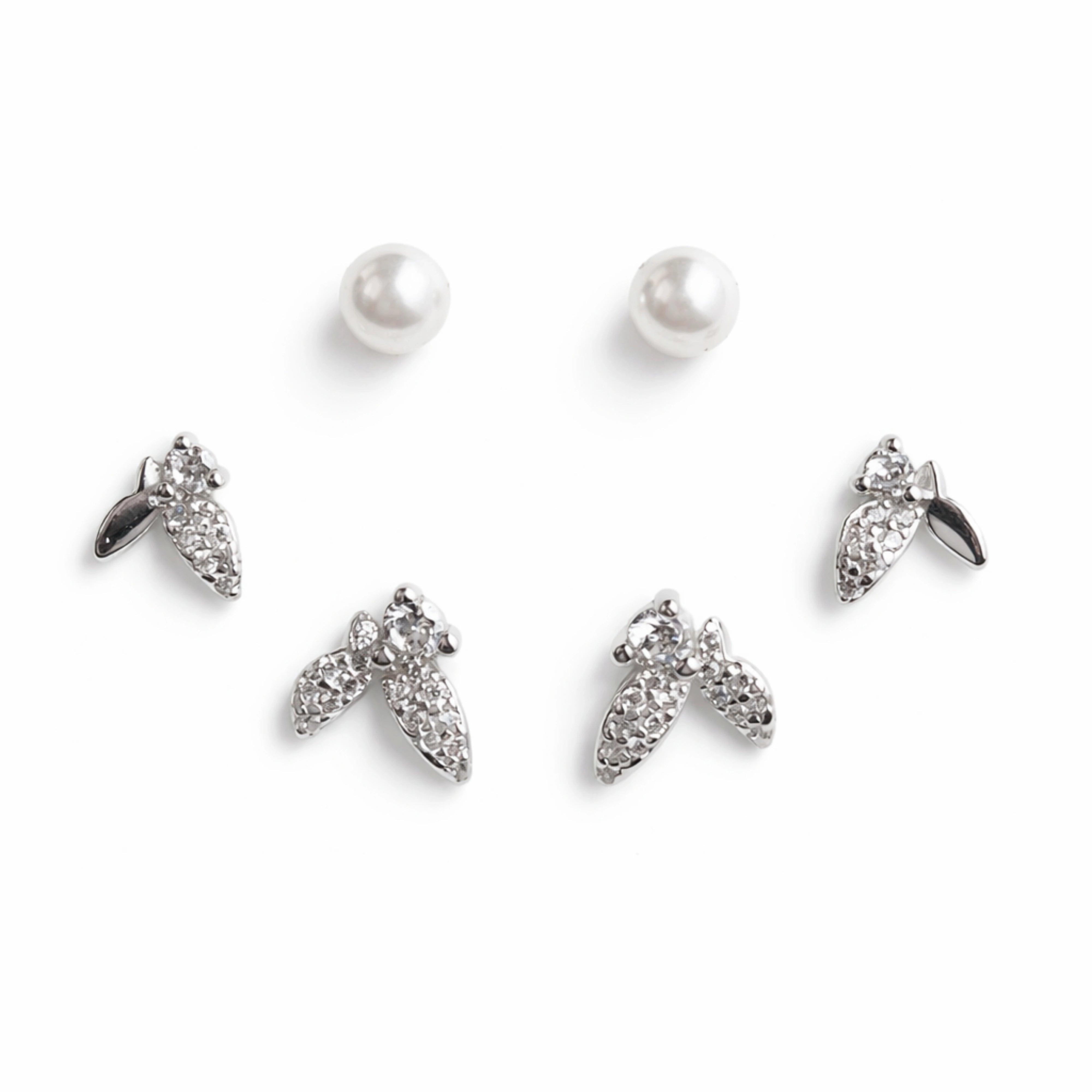 925 Sterling Silver Pearl & CZ Leaf Stud Earrings Set | 3 Pair Elegant Studs