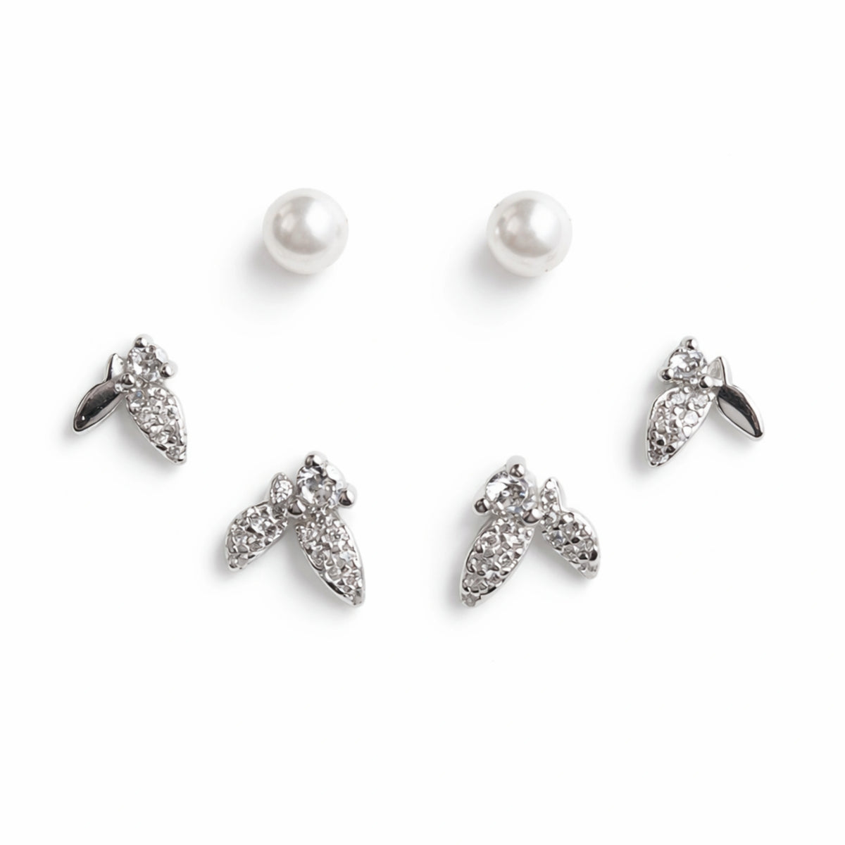925 Sterling Silver Pearl & CZ Leaf Stud Earrings Set | 3 Pair Elegant Studs