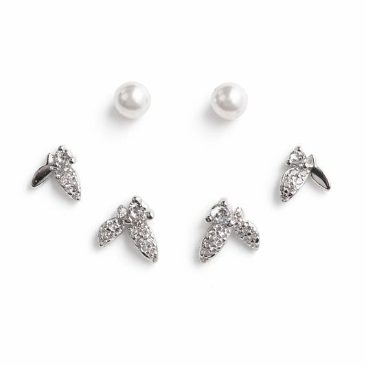925 Sterling Silver Pearl & CZ Leaf Stud Earrings Set | 3 Pair Elegant Studs