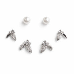 925 Sterling Silver Pearl & CZ Leaf Stud Earrings Set | 3 Pair Elegant Studs