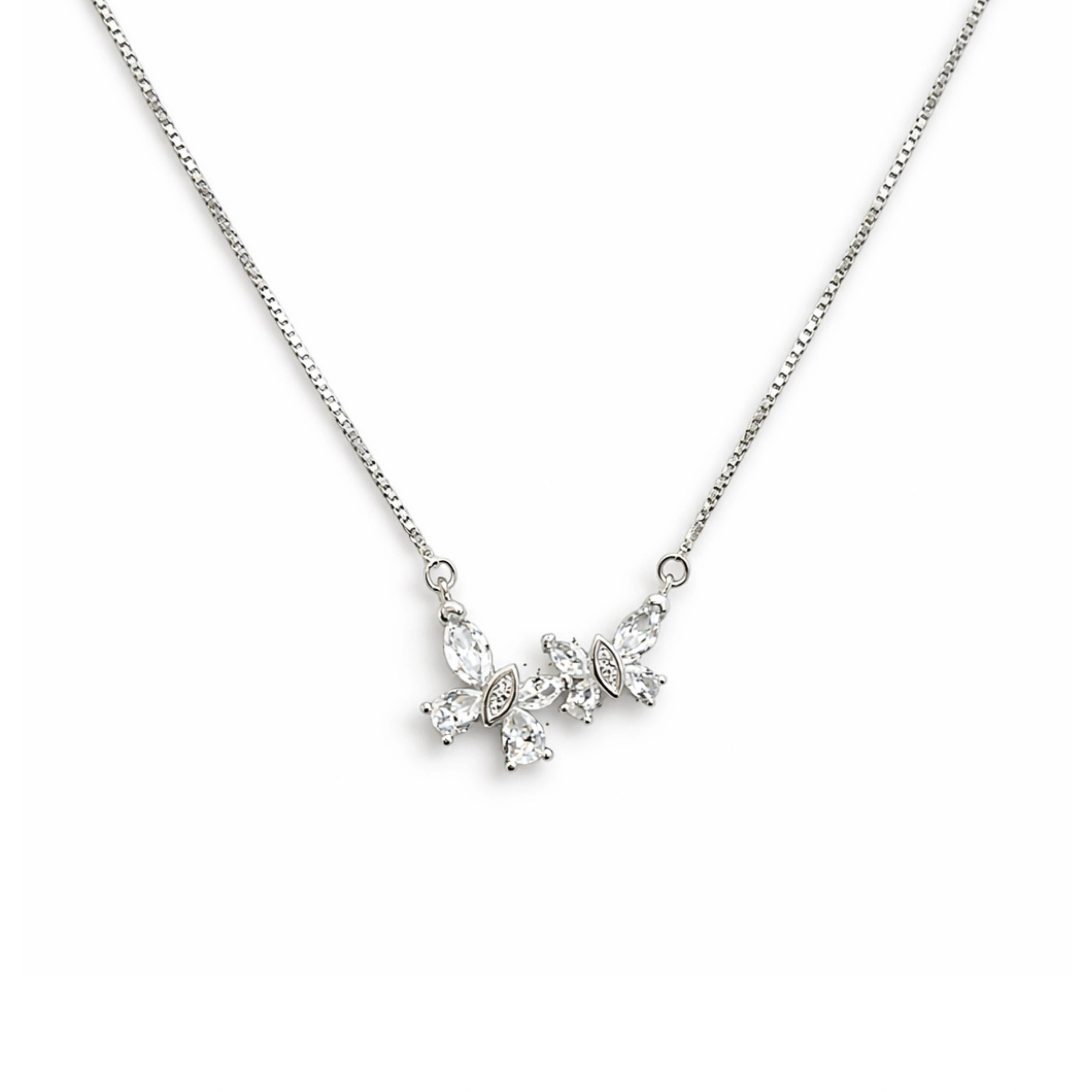 925 Sterling Silver Double Butterfly Necklace with Cubic Zirconia