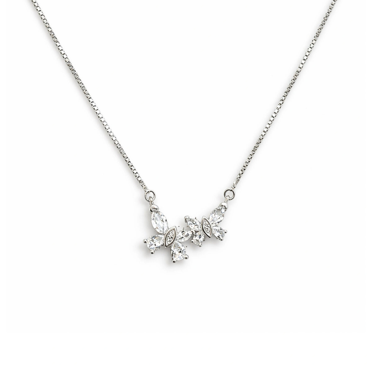 925 Sterling Silver Double Butterfly Necklace with Cubic Zirconia