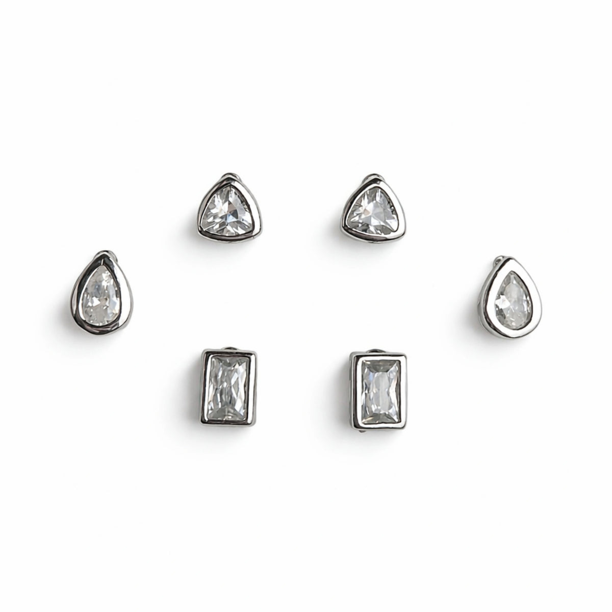 925 Sterling Silver Geometric CZ Stud Earrings Set | 3 Pair Triangle, Pear & Rectangle Studs