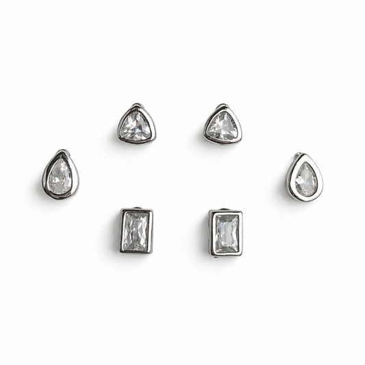 925 Sterling Silver Geometric CZ Stud Earrings Set | 3 Pair Triangle, Pear & Rectangle Studs
