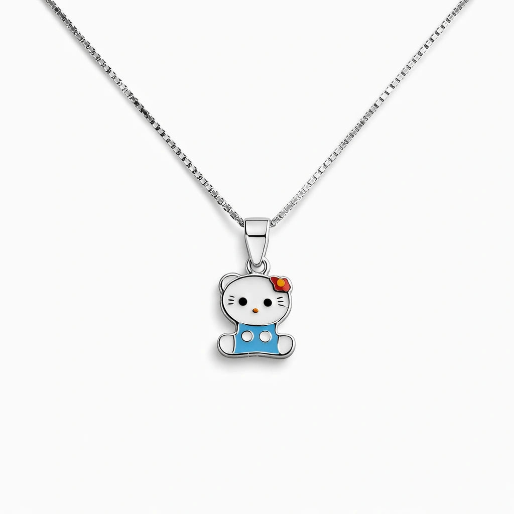 925 Sterling Silver Cute Kitty Cat Pendant Necklace with Blue Enamel