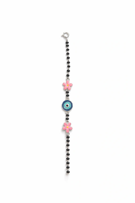 925 Sterling Silver Kids Nazariya Bracelet with Evil Eye & Pink Flower Charms