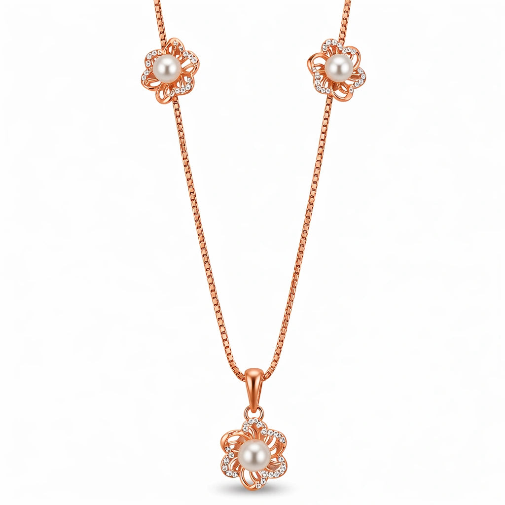 925 Sterling Silver Rose Gold Pearl Flower Pendant Necklace Set with CZ Earrings
