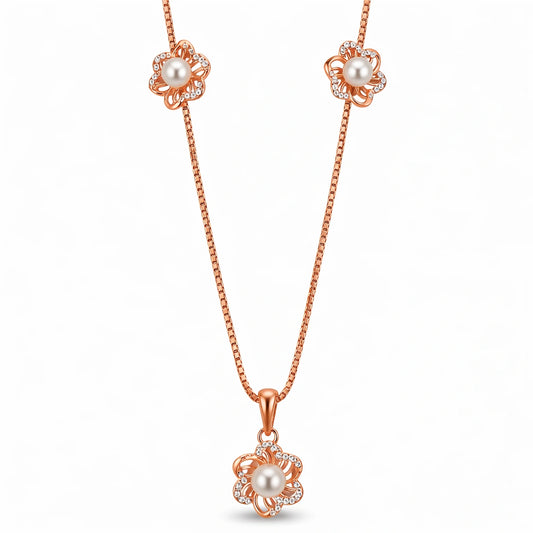 925 Sterling Silver Rose Gold Pearl Flower Pendant Necklace Set with CZ Earrings