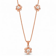 925 Sterling Silver Rose Gold Pearl Flower Pendant Necklace Set with CZ Earrings